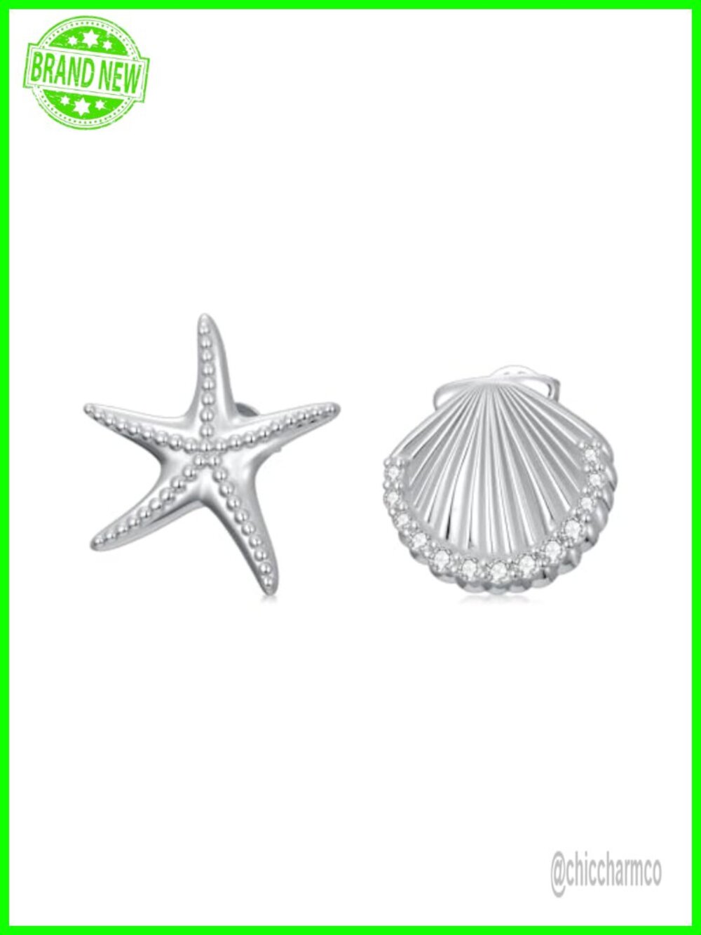 925 Sterling Silver Starfish Seashell Stud Earrings Lab Grown Diamond